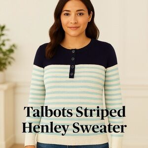 NWT Talbots XL Striped Henley Sweater Navy Blue Ivory